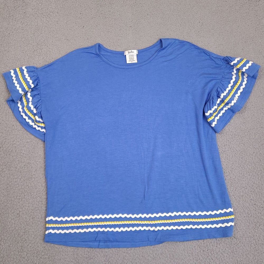 Isela Shirt Womens Small Blue Ruffled Sleeve Scoop Neck Boxy Fit  Boho Top‎